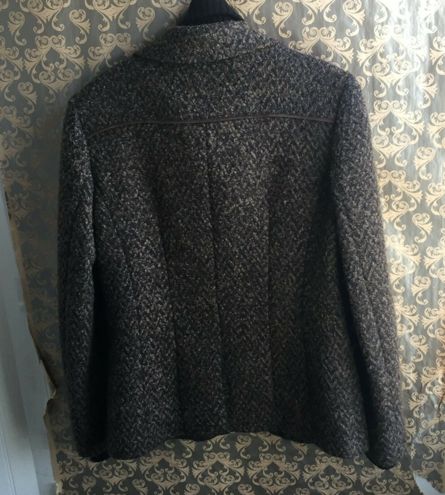 Cole Haan Women Brown Tweed Wool Cashmere Mohair Jacket Goat Suede Trim - Size 6 - Picture 2 of 11